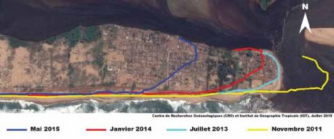 Photo satellite n°2- Migration 2011 – 2015 de l’embouchure du Bandama (CRO & IGT 2015)
